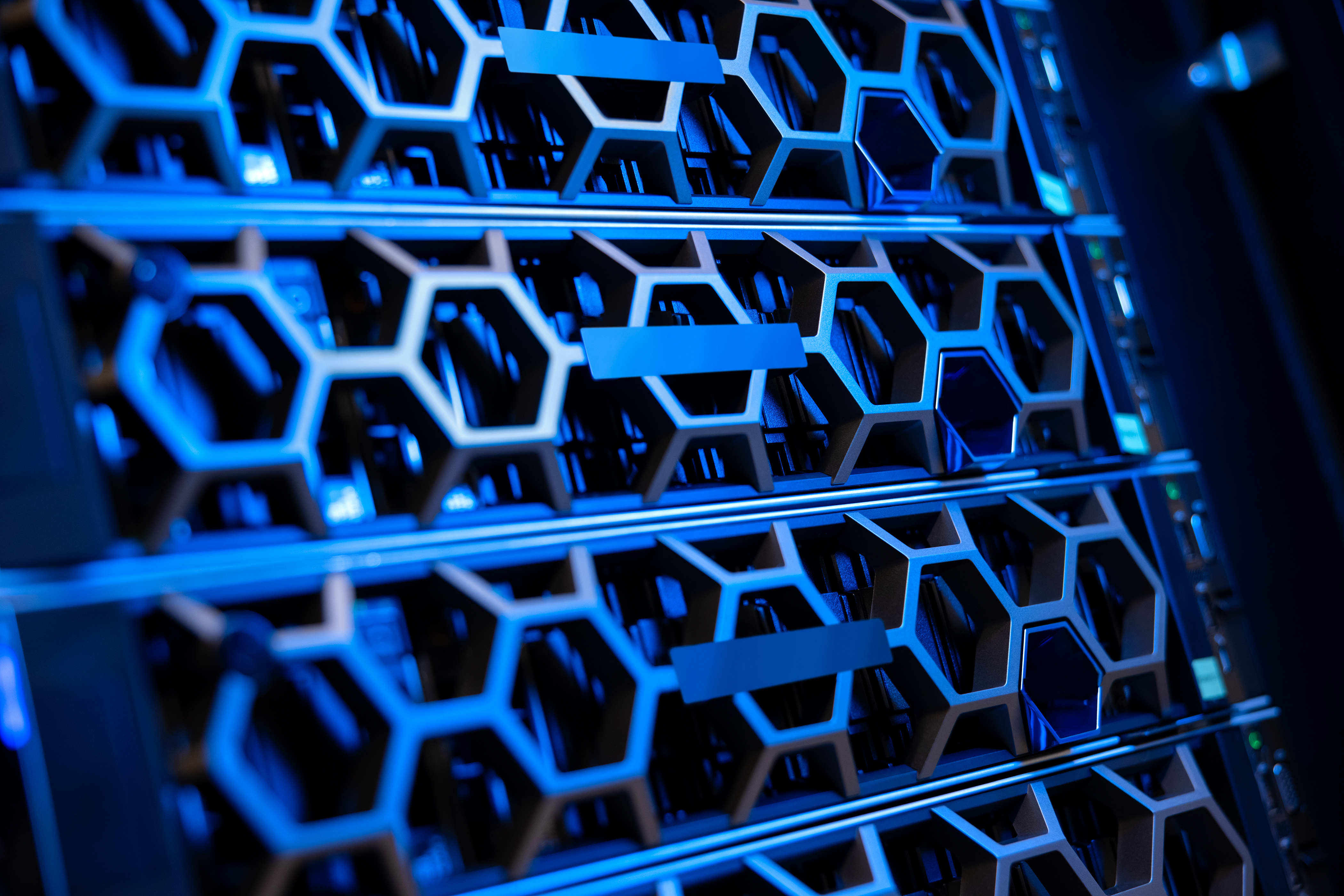 Blue server racks in a modern data center